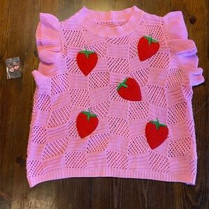 Boutique bubblegum pink strawberry SOFT crochet short flutter sleeve sweater szL